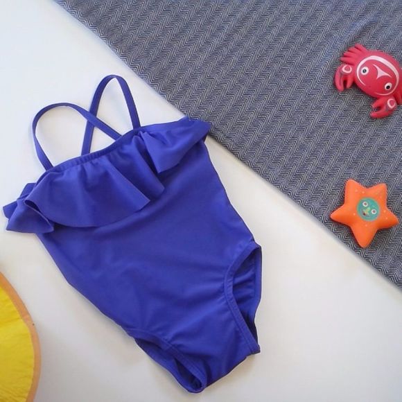 Purple Tank Style Swimsuit with Ruffled Collar and Cross Back Straps - Picture 1 of 1